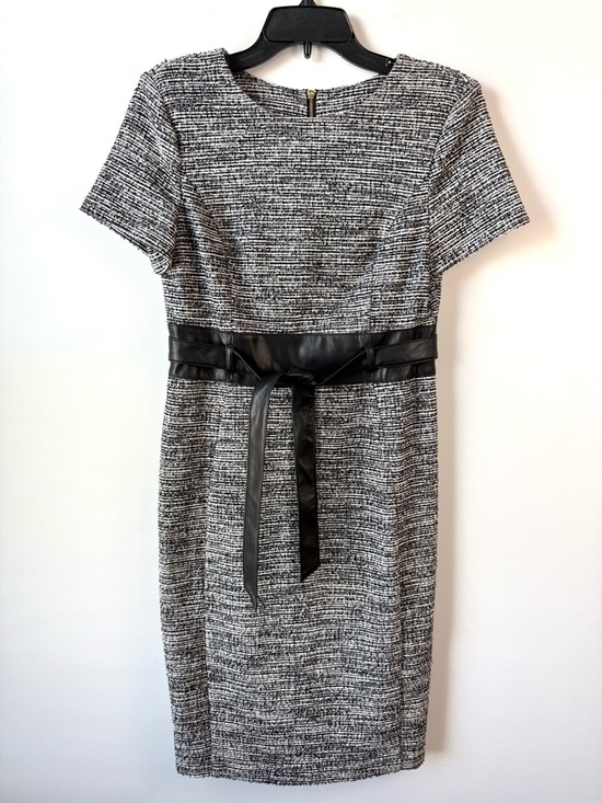Calvin Klein Short Sleeve Tweed Sheath Dress Faux Leather Belt Black White 8
